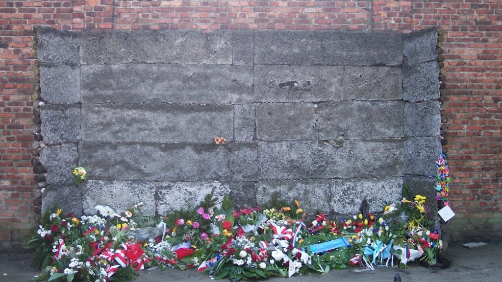 Flowers piled in front of a concrete wall.