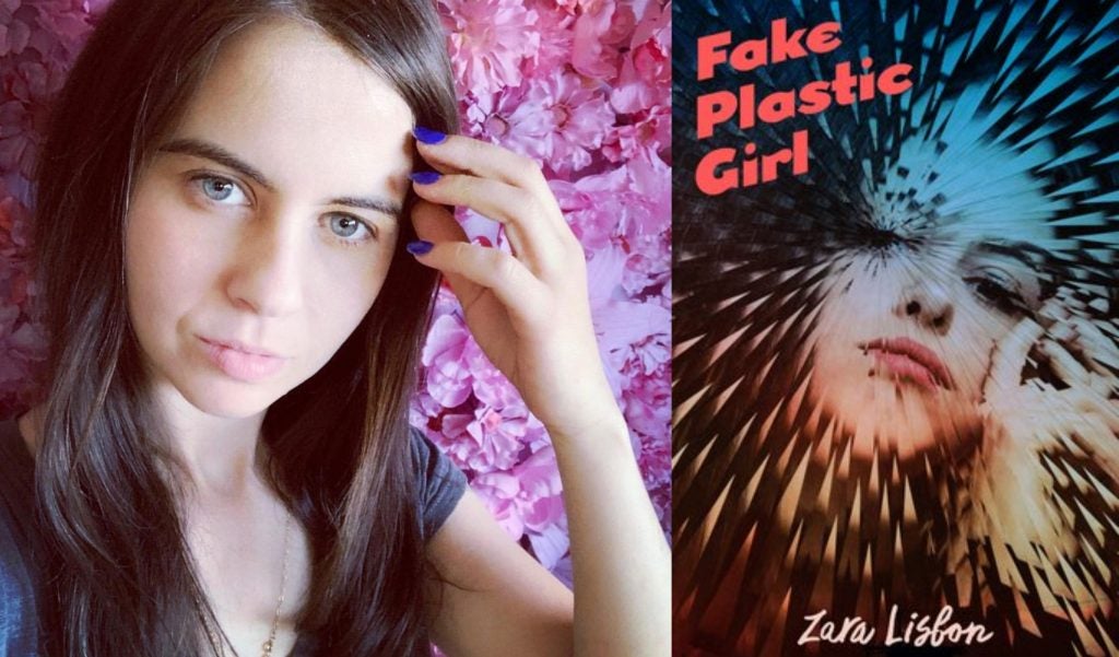 Selfie of Zara Lisbon nex to the cover of her book, Fake Plastic Girl.