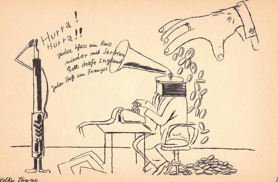 Cartoon of a man typing on a typewriter with a megaphone in place of a head speaking to a fountain pen. A large hand drops coins on top of the man at the typewriter.