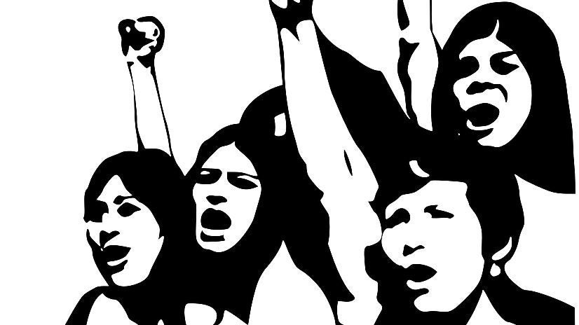 drawing of four women protesting, raising their fists