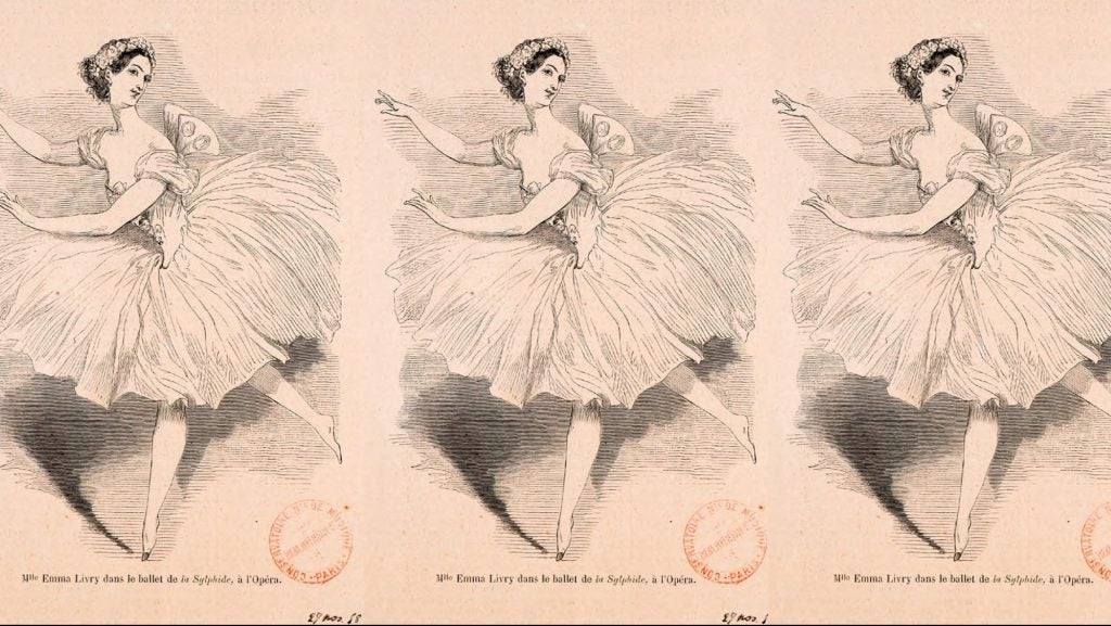 three images of Emma Livry Dancing in a full skirt