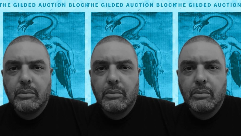 Shane McCrae's head, from the shoulders up, in front of the cover for his book "The Gilded Auction Block" which features a creature with a long neck.