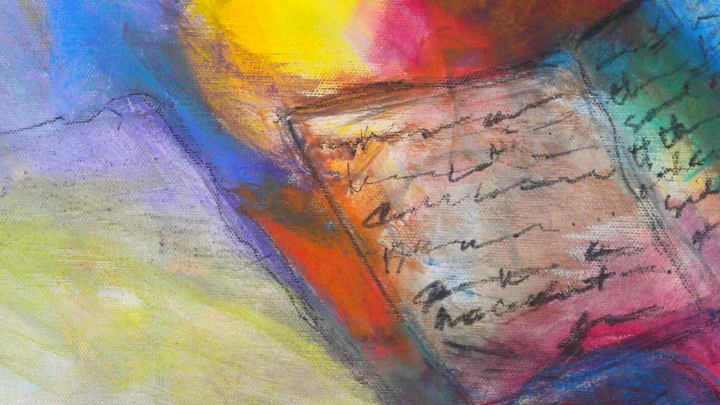 rainbow oil painting of book with scribblings