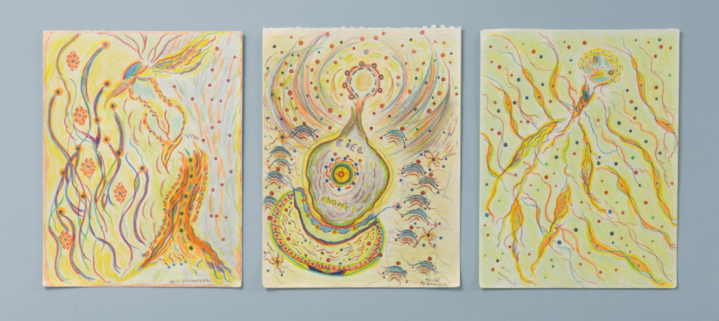 Triptych: Three images in dominant yellow and red next to one another, with abstract shapes.
