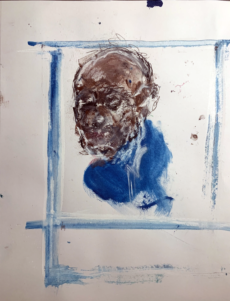 How ‘bout that: Blue and brown paints create a cameo by framing a dark face on a white background, the blue creating a square shape like a frame for a figure that resembles someone looking over their shoulder. The face is smudgy and the expression is not clear, but dark brown paint and pencil-like scribbles make it look older, with sparse hair, beard, and heavy furrowed eyebrows.