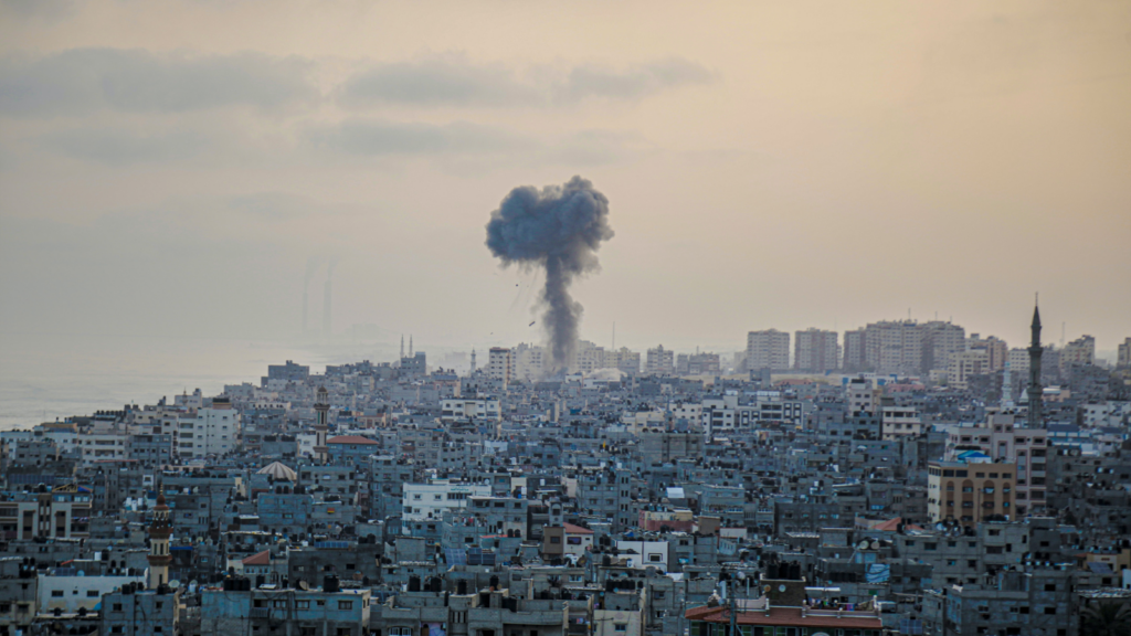 A column of smoke resulting from Israeli bombing of the Gaza Strip