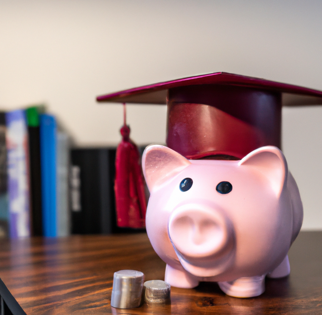 A piggy bank wearing a red graduation cap sitting on a desk with coins in the foreground and books in the background