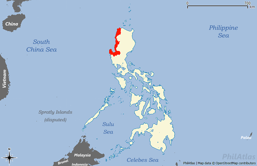 Map of Philippines with few labels. The The Ilocos Region of Luzon is highlighted in red.